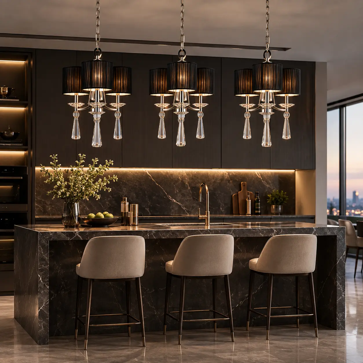 Cosmo-Luxe-3-Light-Mini-Chandelier-with-Black-Shades-Modern-Luxury-Kitchen-Islands-Intimate-Dining-Nooks Cosmo-Luxe-3-Light-Mini-Chandelier-with-Black-Shades-Modern-Luxury-Kitchen-Islands-Intimate-Dining-Nooks