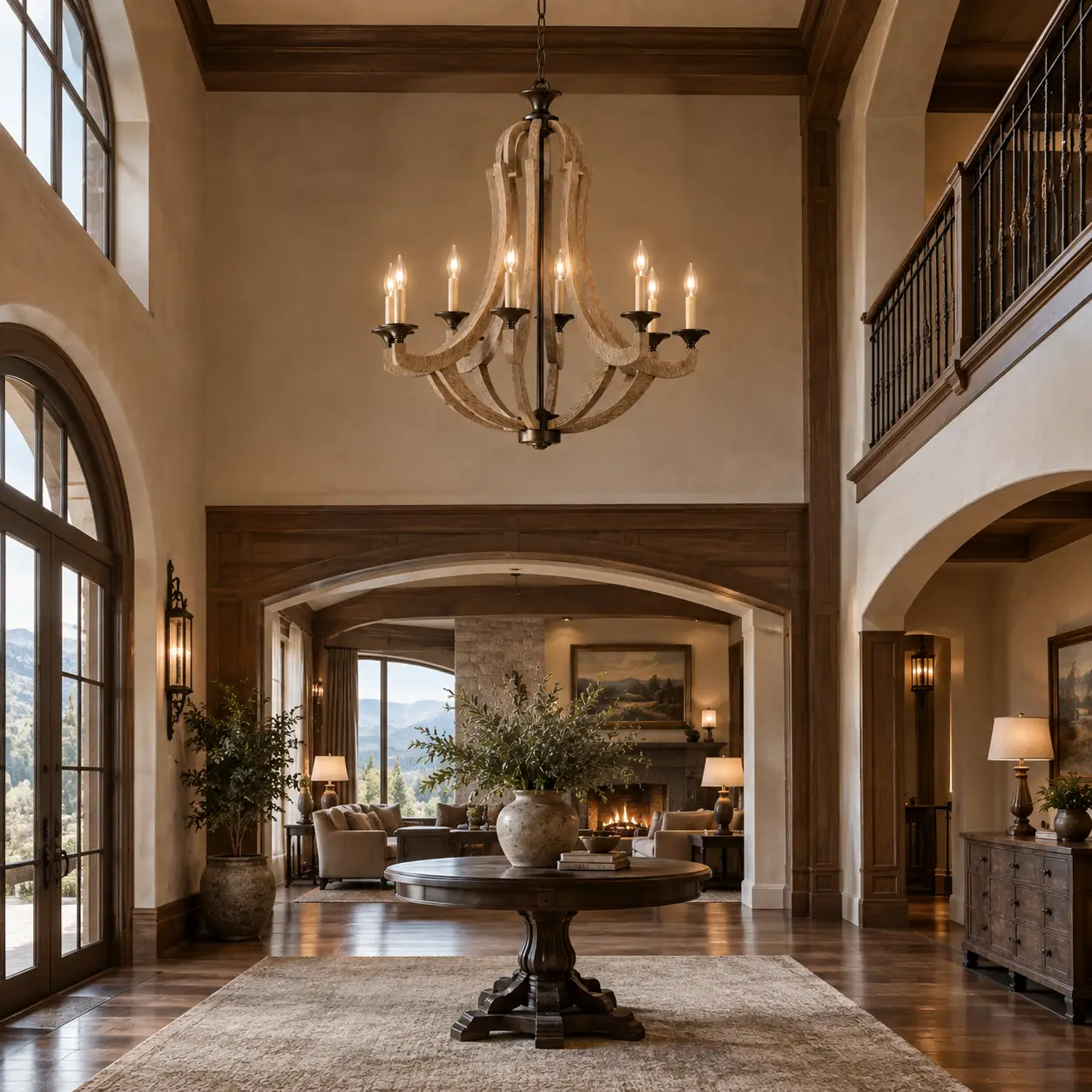 The Country Estate 8-Light Chandelier suspended in a double-height resort foyer with dark Western Bronze accents