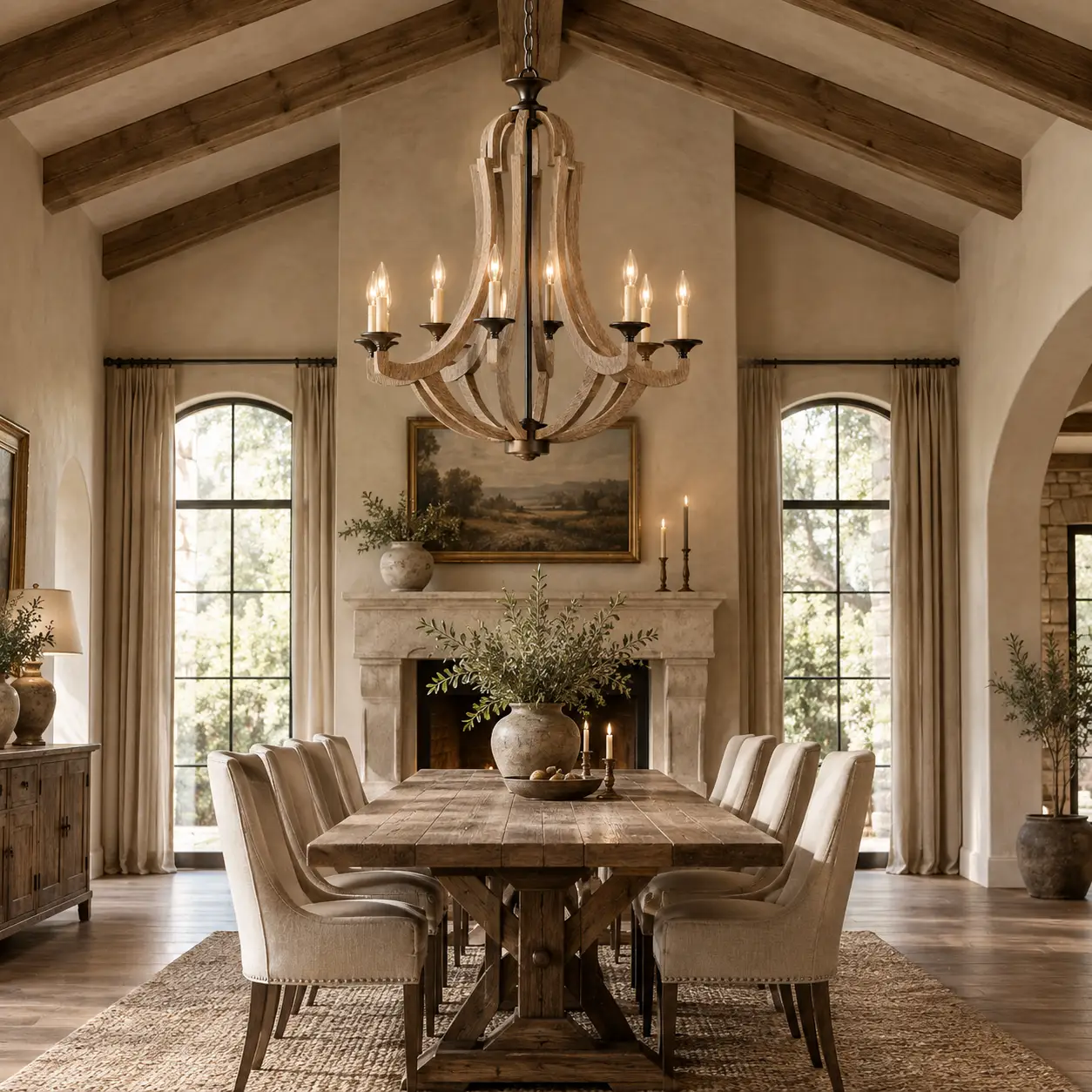 The Country Estate 8-Light Chandelier installed over a long rustic timber table in a French Country dining room with exposed beams