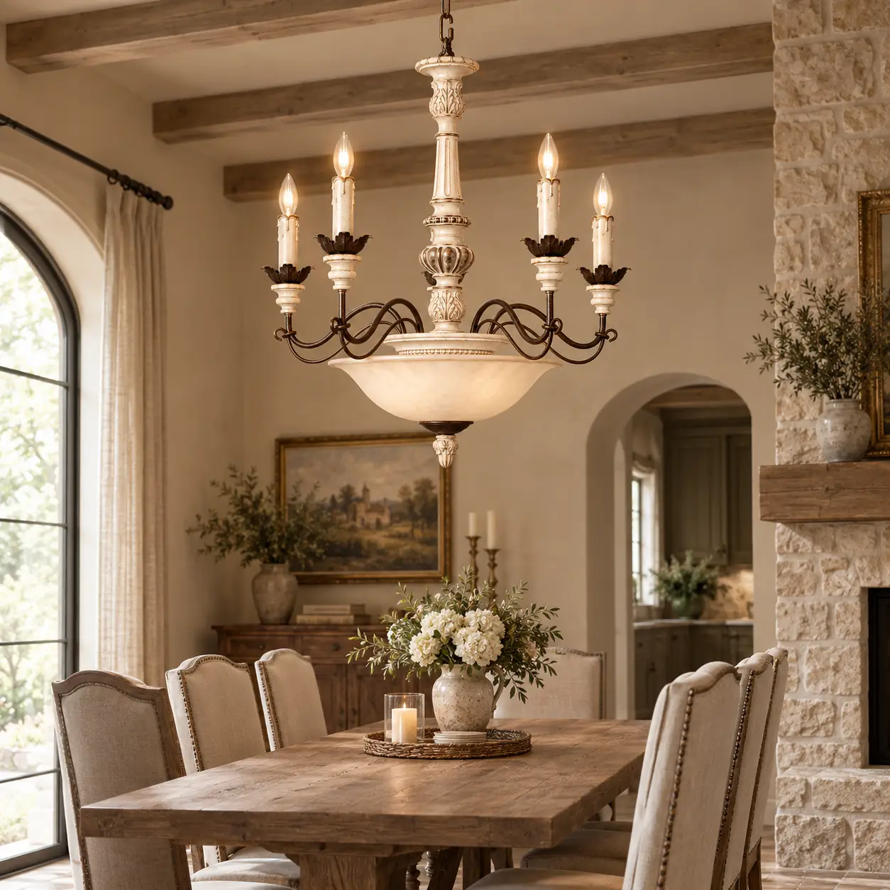Country Manor 7 Light Distressed White Rustic Bronze Chandelier Blueprint Render
