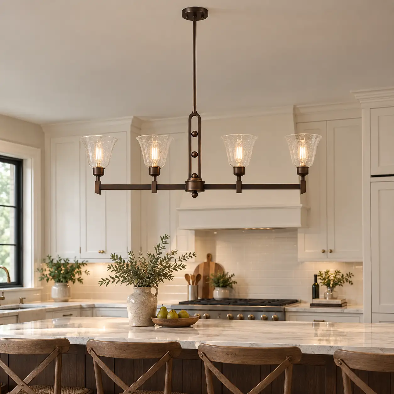 Craftsman Mesa 4-Light Linear Pendant over Modern Farmhouse Kitchen Island