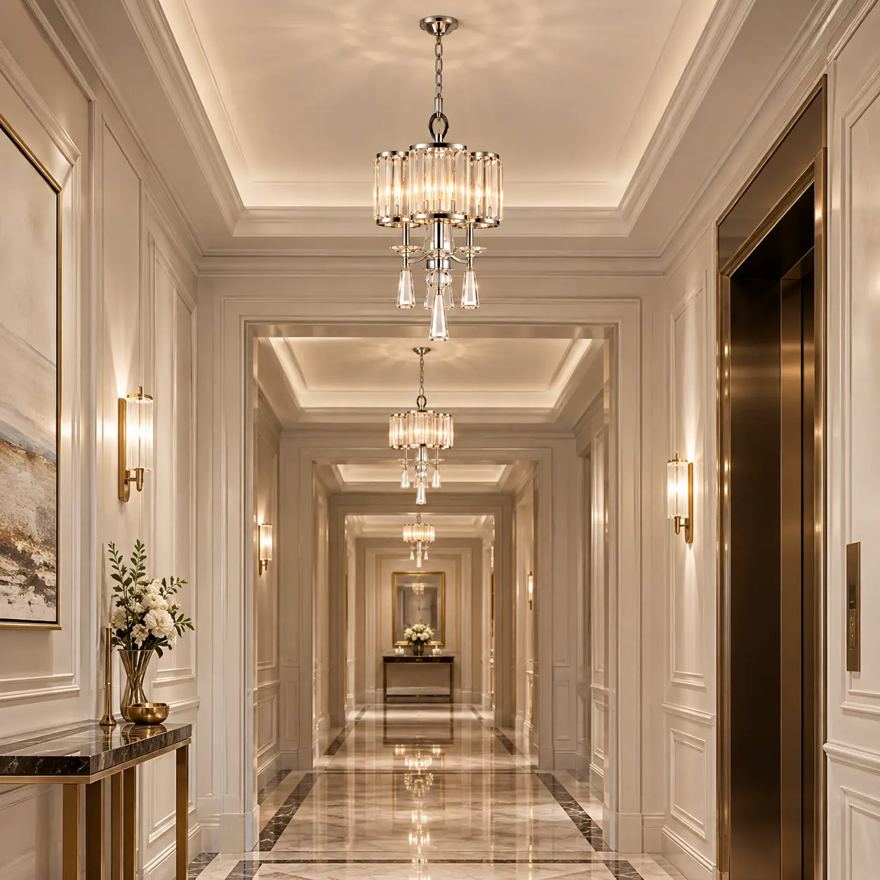 Mini Crystal Chandelier in Hotel Corridor Render