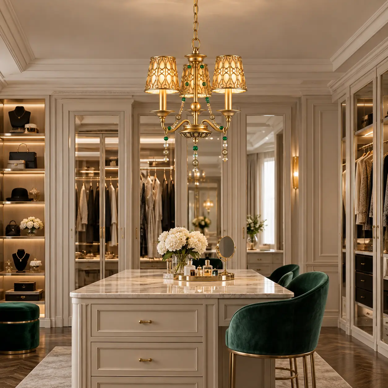 Emerald Cascade Mini Chandelier in French Chic Dressing Room Interior