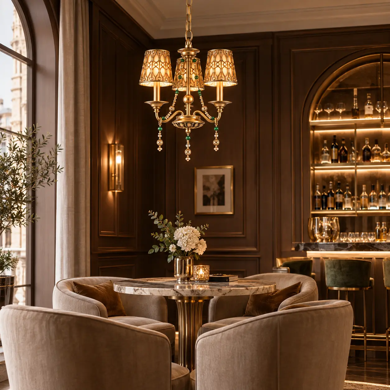 Emerald Cascade Mini Chandelier in Neoclassical Lounge Nook