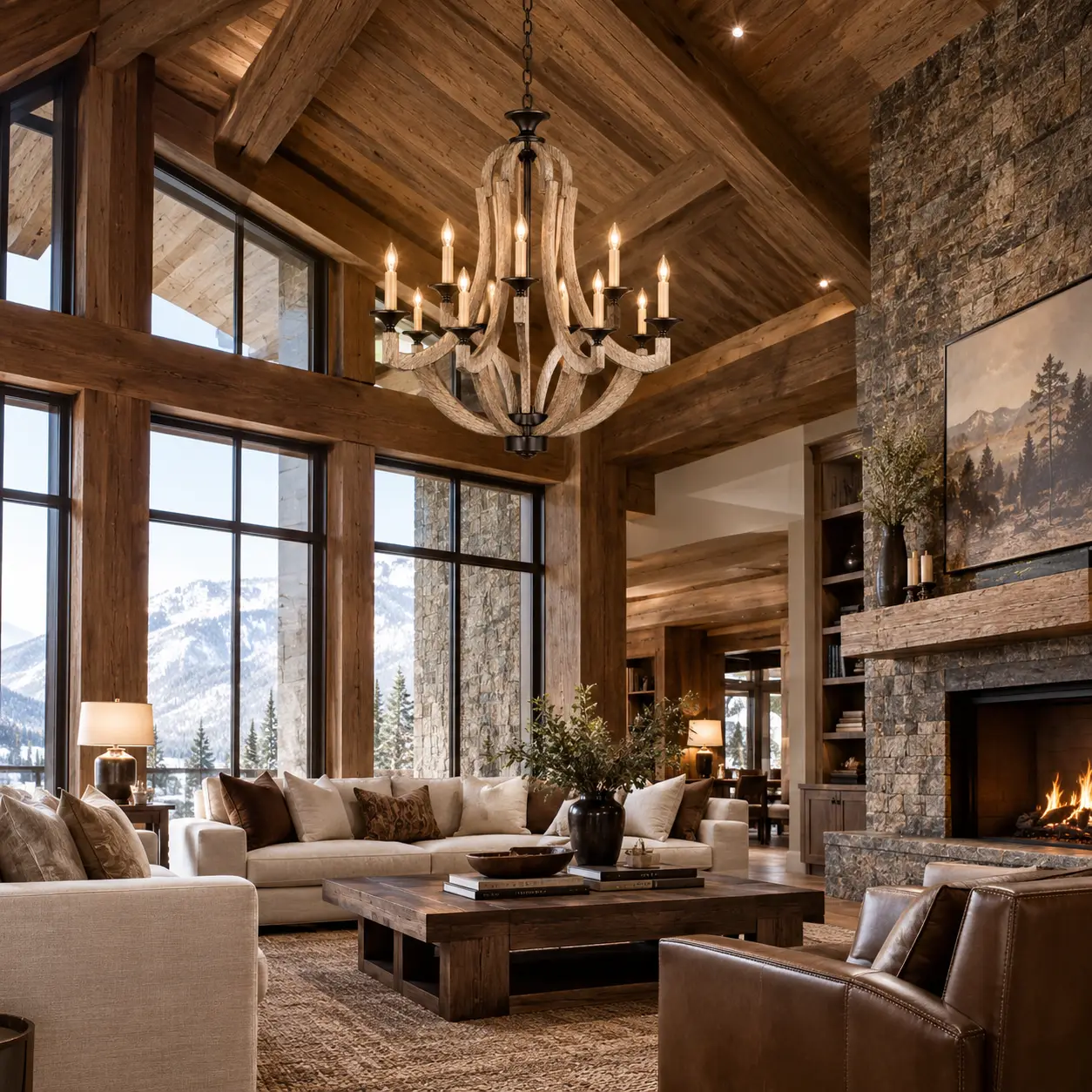 Rustic Luxury Chandelier in High Ceiling Foyer