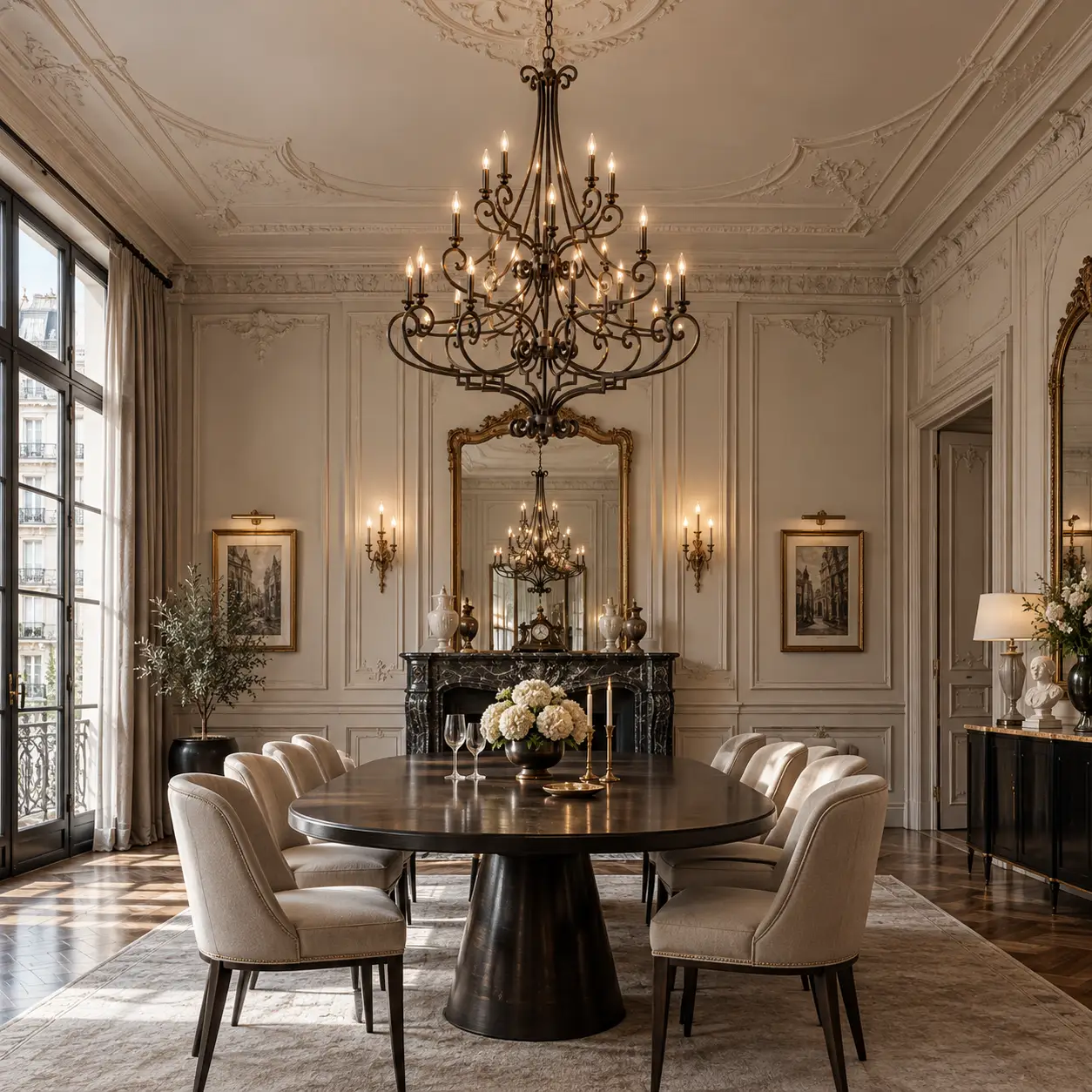 Tiered Chandelier in Parisian Chic Dining Room Rendering