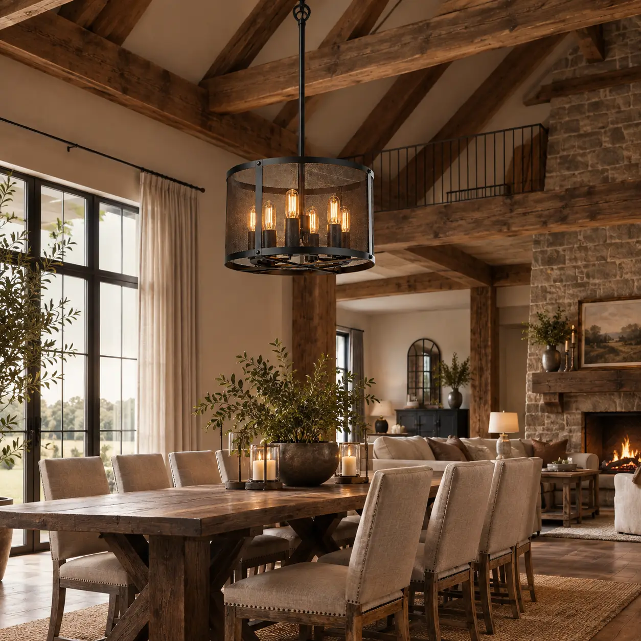 Industrial 6 light drum chandelier in modern farmhouse dining room