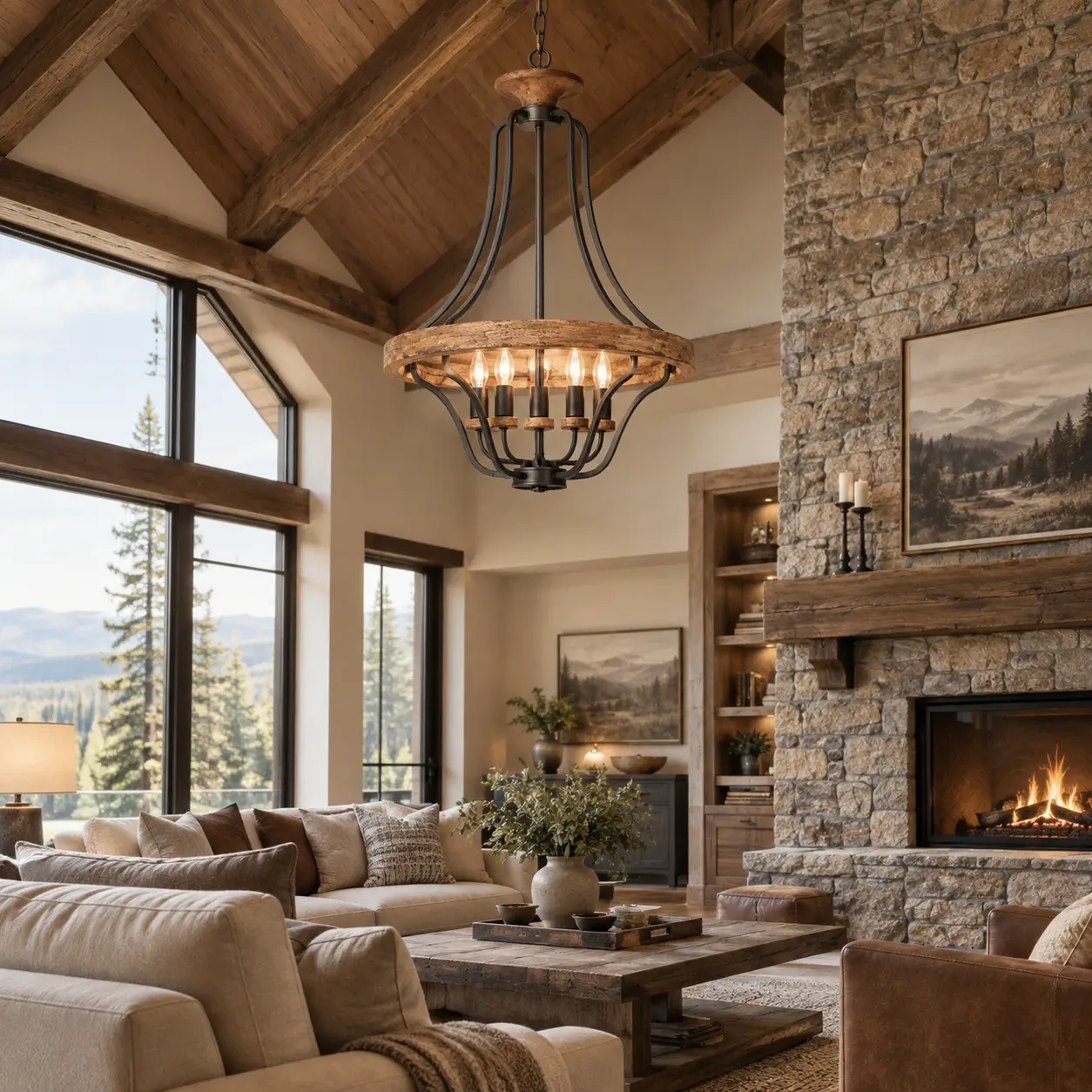 Farmhouse Grandeur Chandelier in Vaulted Living Room Render