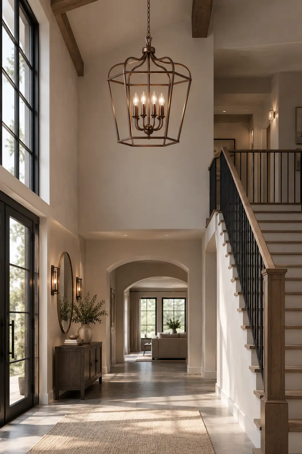 Farmhouse Lantern Open Chandelier in Contemporary Foyer