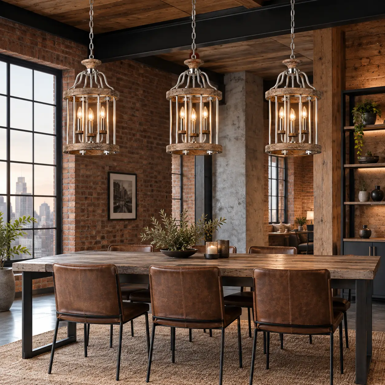 The Farmhouse Loft 3-Light Pendant in Urban Loft Dining Space Render