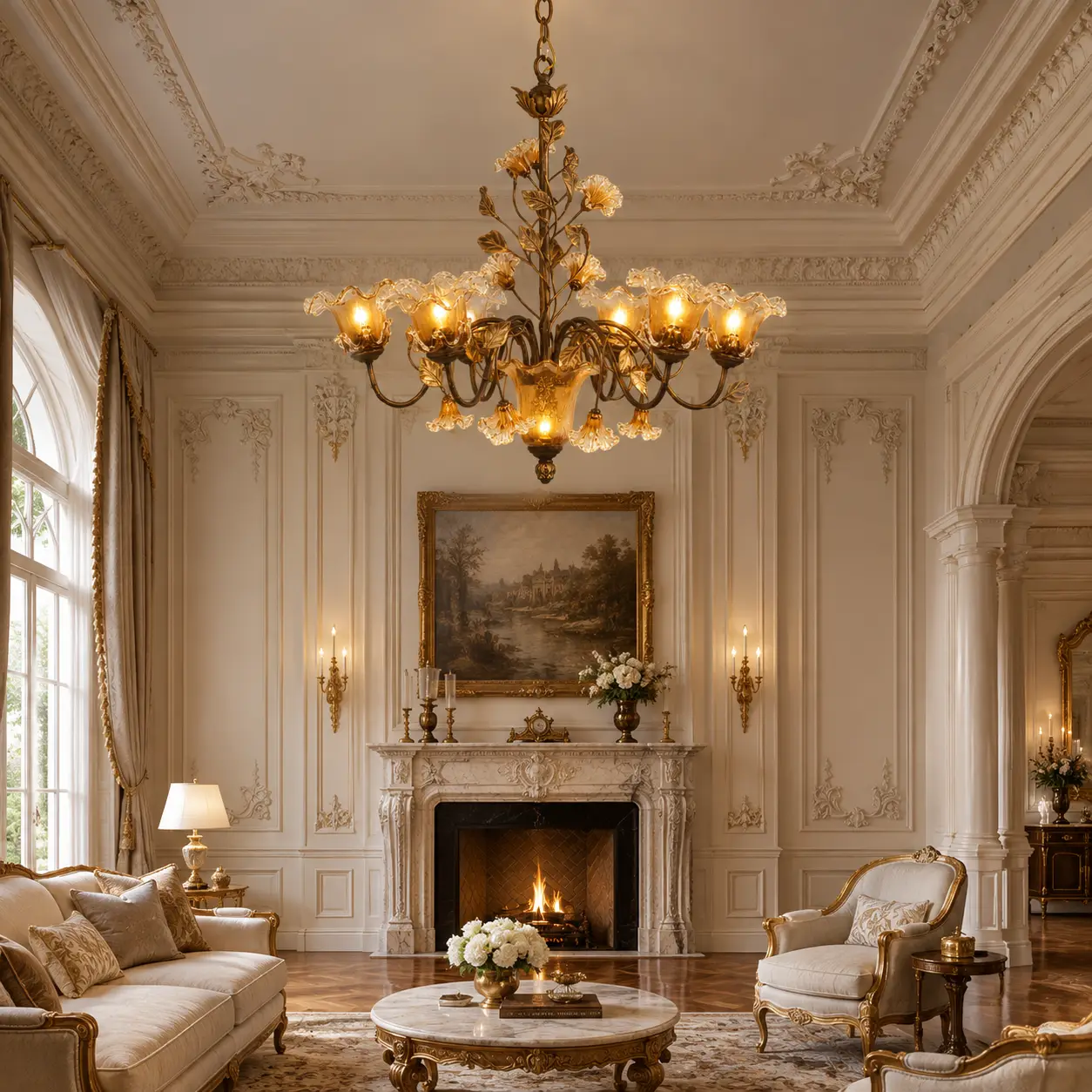 Fiorenza-Classic-Bloom-7-Light-Chandelier-in-Antique-Gold-Leaf-Finish-Classic-European-Neoclassical-Salon Fiorenza-Classic-Bloom-7-Light-Chandelier-in-Antique-Gold-Leaf-Finish-Classic-European-Neoclassical-Salon
