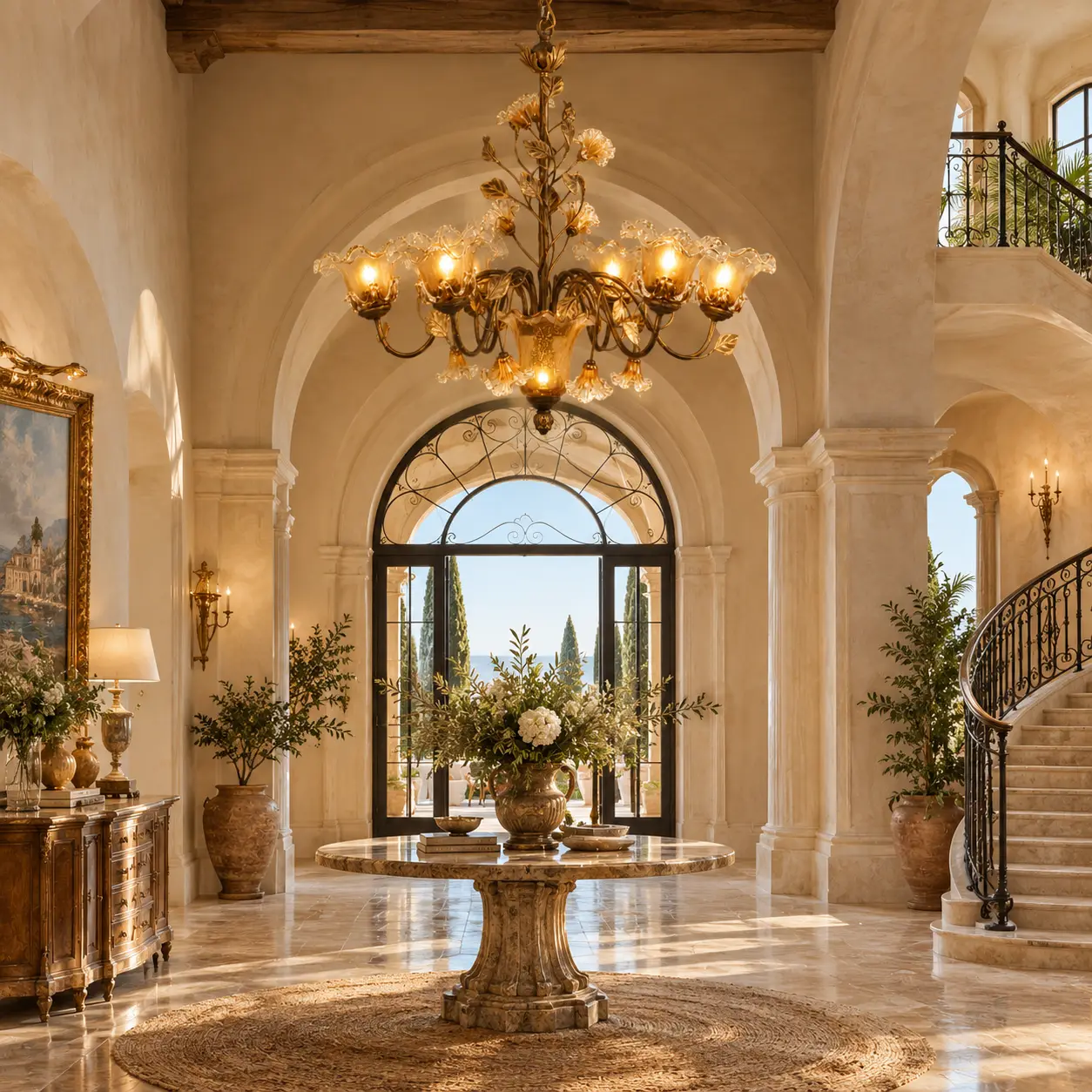 Fiorenza-Classic-Bloom-7-Light-Chandelier-in-Antique-Gold-Leaf-Finish-Luxury-Mediterranean-Resort-Villa Fiorenza-Classic-Bloom-7-Light-Chandelier-in-Antique-Gold-Leaf-Finish-Luxury-Mediterranean-Resort-Villa