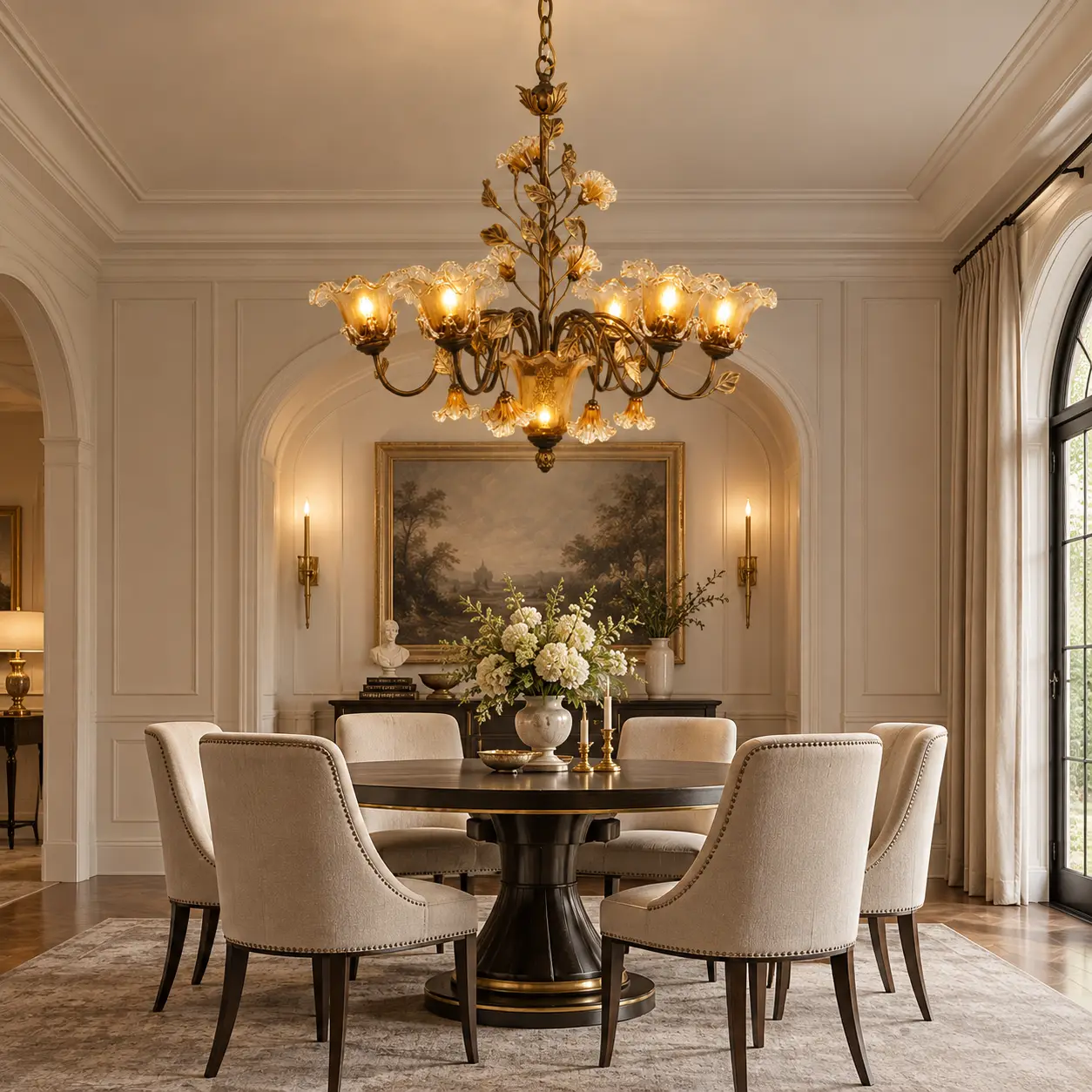 Fiorenza-Classic-Bloom-7-Light-Chandelier-in-Antique-Gold-Leaf-Finish-Modern-Classic-French-Transitional Fiorenza-Classic-Bloom-7-Light-Chandelier-in-Antique-Gold-Leaf-Finish-Modern-Classic-French-Transitional