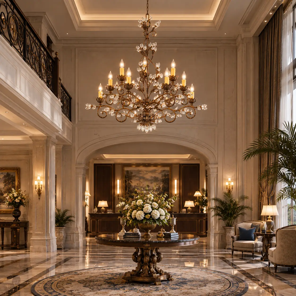 Florentine Two-Tier Crystal Chandelier in a Luxury Hotel Lobby