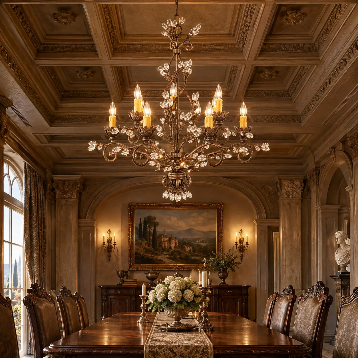 Florentine 9-Light Crystal Leaf Chandelier in a European Estate Dining Room