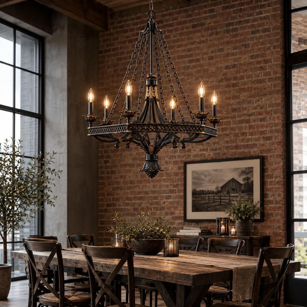 Industrial Loft 6-Light Chandelier in Modern Farmhouse Dining Room