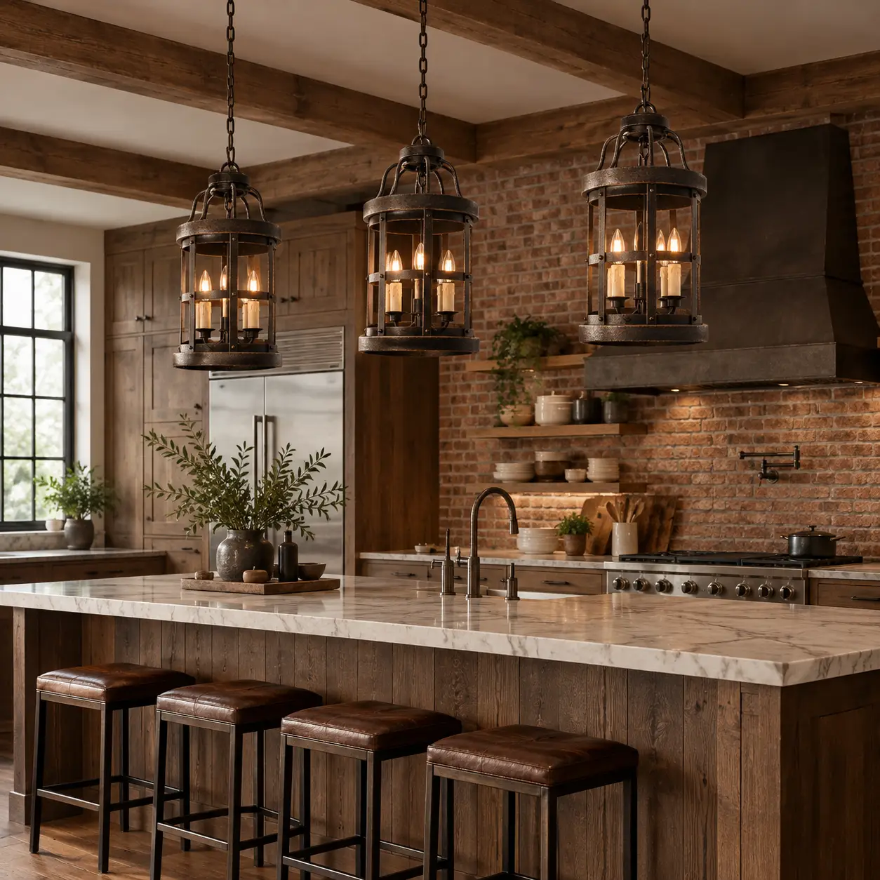 The Forged Foundry 3-Light Cage Pendant over Industrial Loft Kitchen Island
