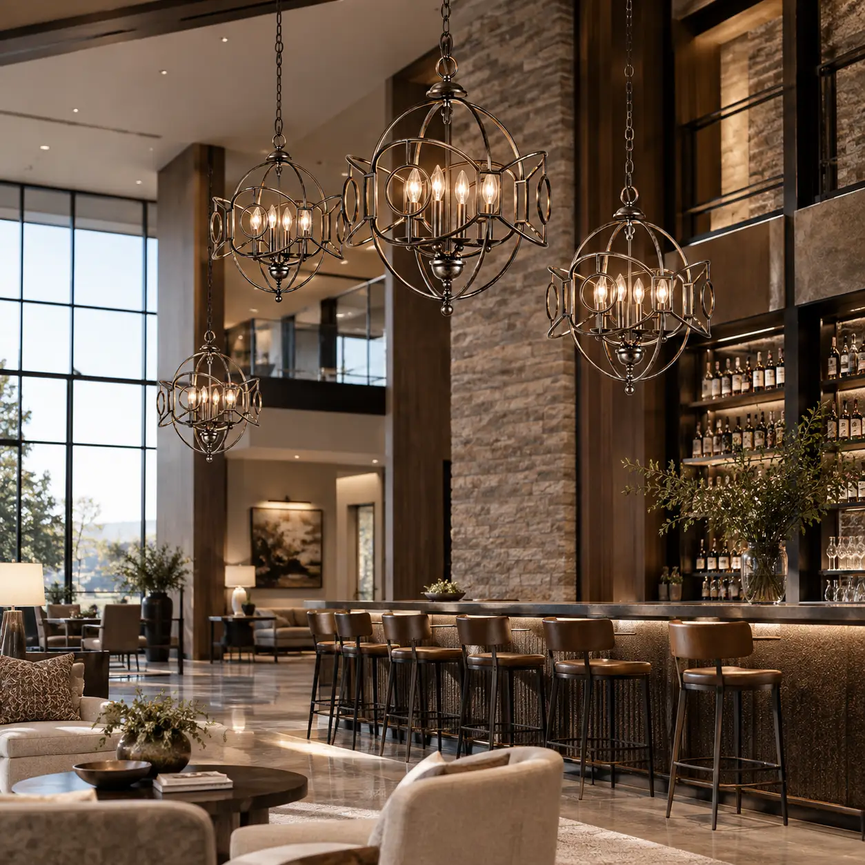 Staggered Trio of Geometric Globe Orb Pendants Suspended in Commercial Boutique Hotel Bar Lounge