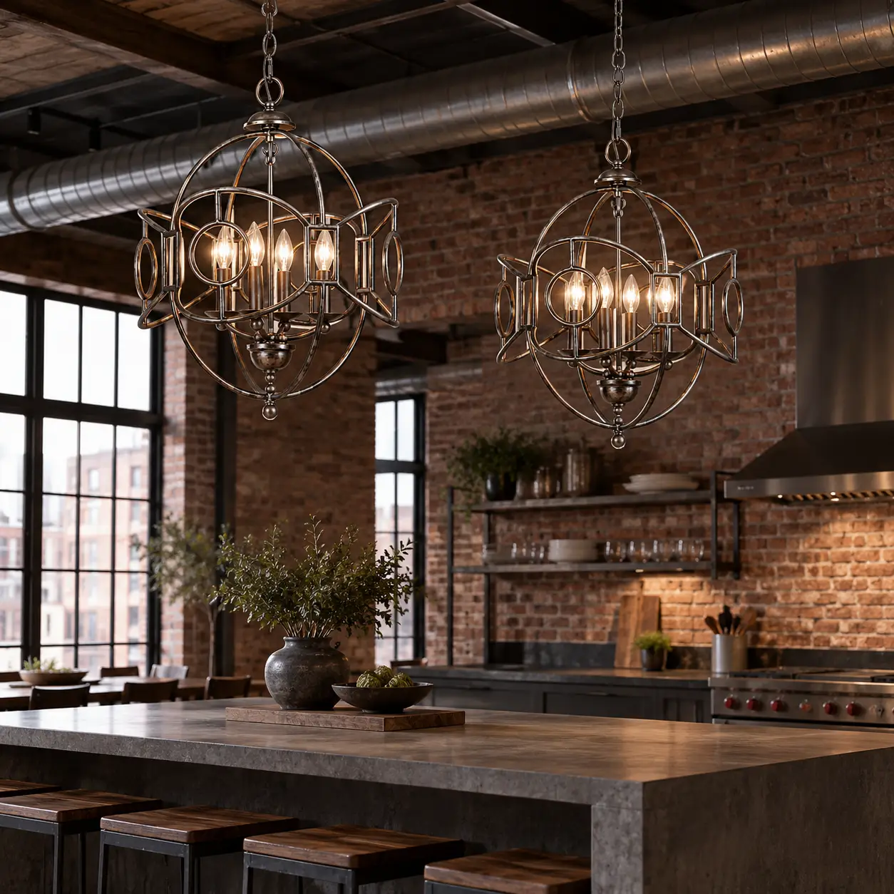 Pair of Geometric Globe Industrial-Chic 4-Light Orb Pendants Suspended Above Concrete Countertop in Industrial Loft Kitchen