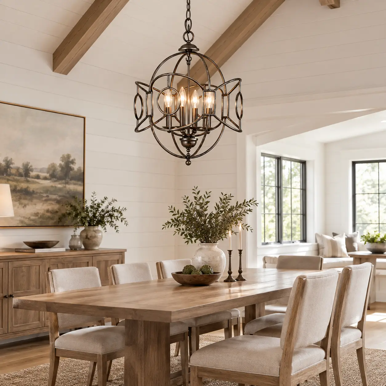 Geometric Globe 4-Light Orb Pendant Hanging Above White Oak Dining Table in Modern Farmhouse Interior