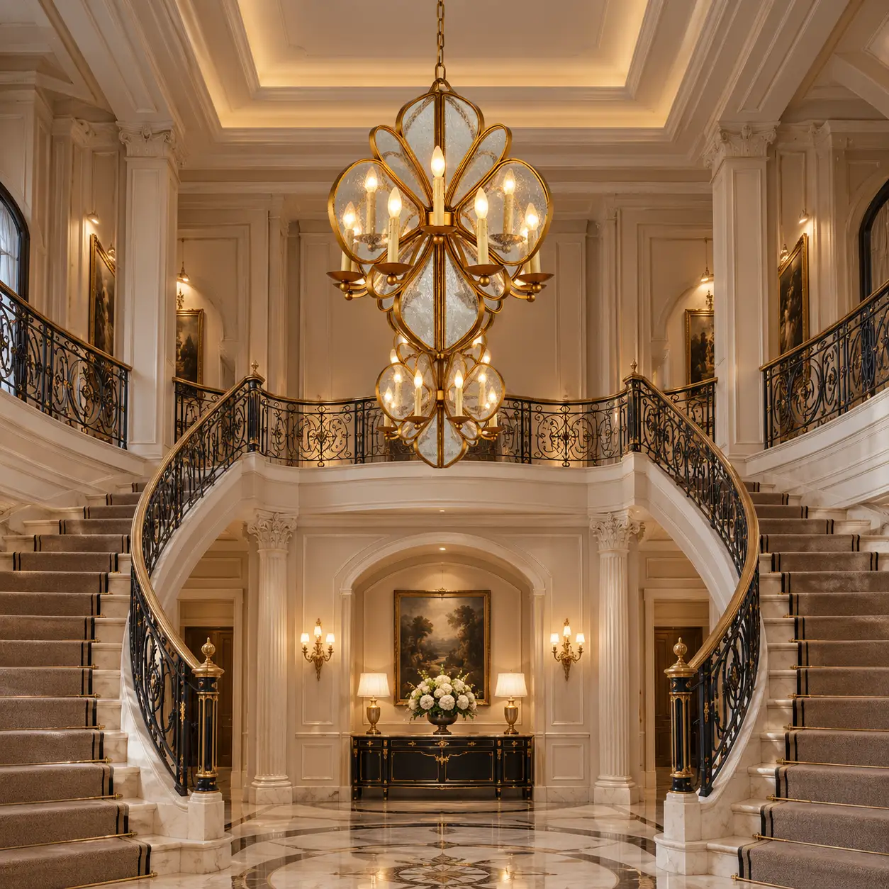 Gilded-Quatrefoil-Two-Tier-12-Light-Grand-Chandelier-Neoclassical-Splendor-Double-Height-Entry-Voids Gilded-Quatrefoil-Two-Tier-12-Light-Grand-Chandelier-Neoclassical-Splendor-Double-Height-Entry-Voids