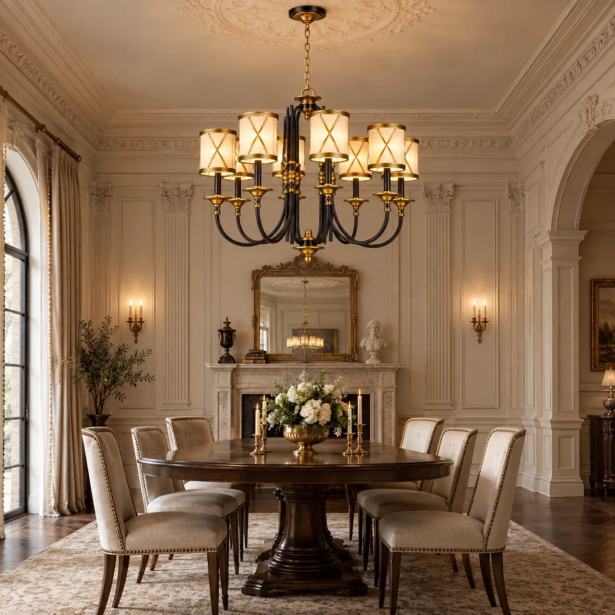 The Grand Belle Epoque 8-Light Chandelier installed in a Neoclassical dining room with high ceilings and wainscoting