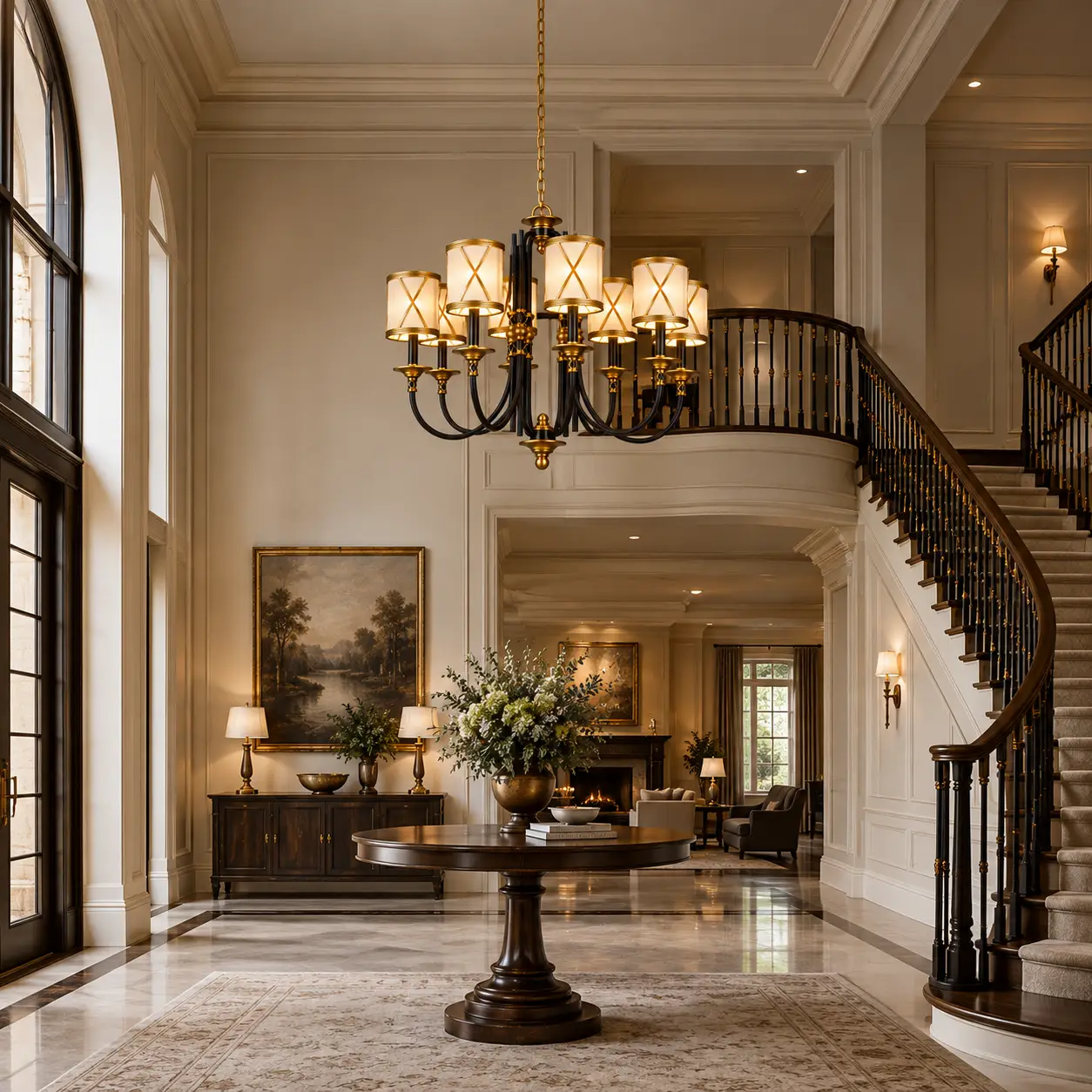 The Grand Belle Epoque 8-Light Chandelier illuminating a double-height grand entryway with floating staircase