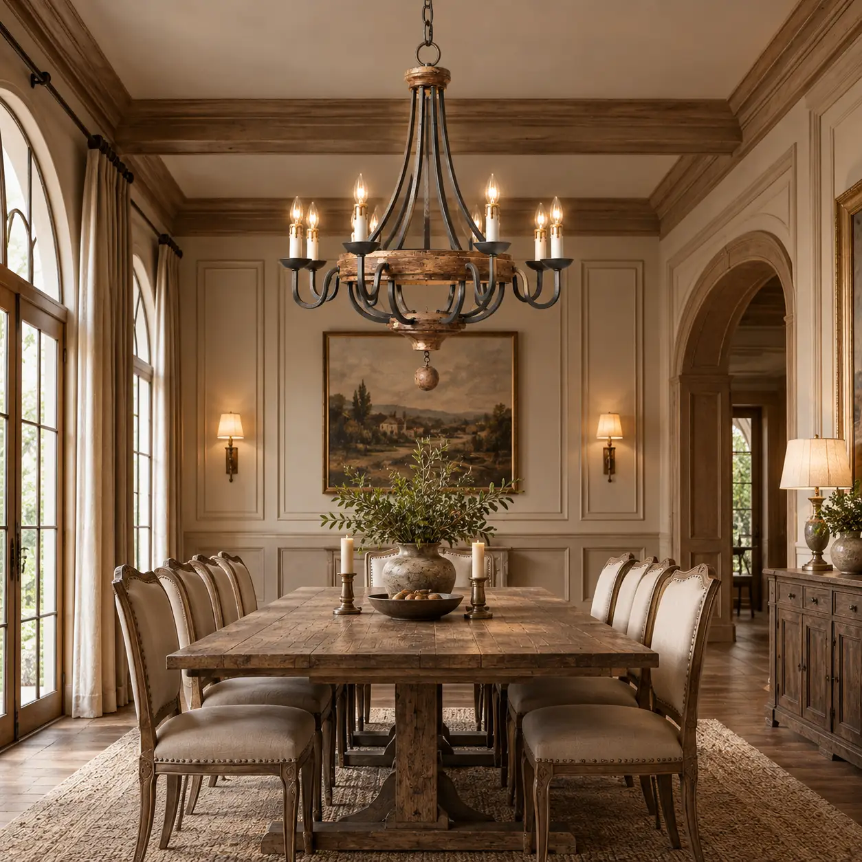 The Grand Estate Chandelier Rendered in French Country Dining Room