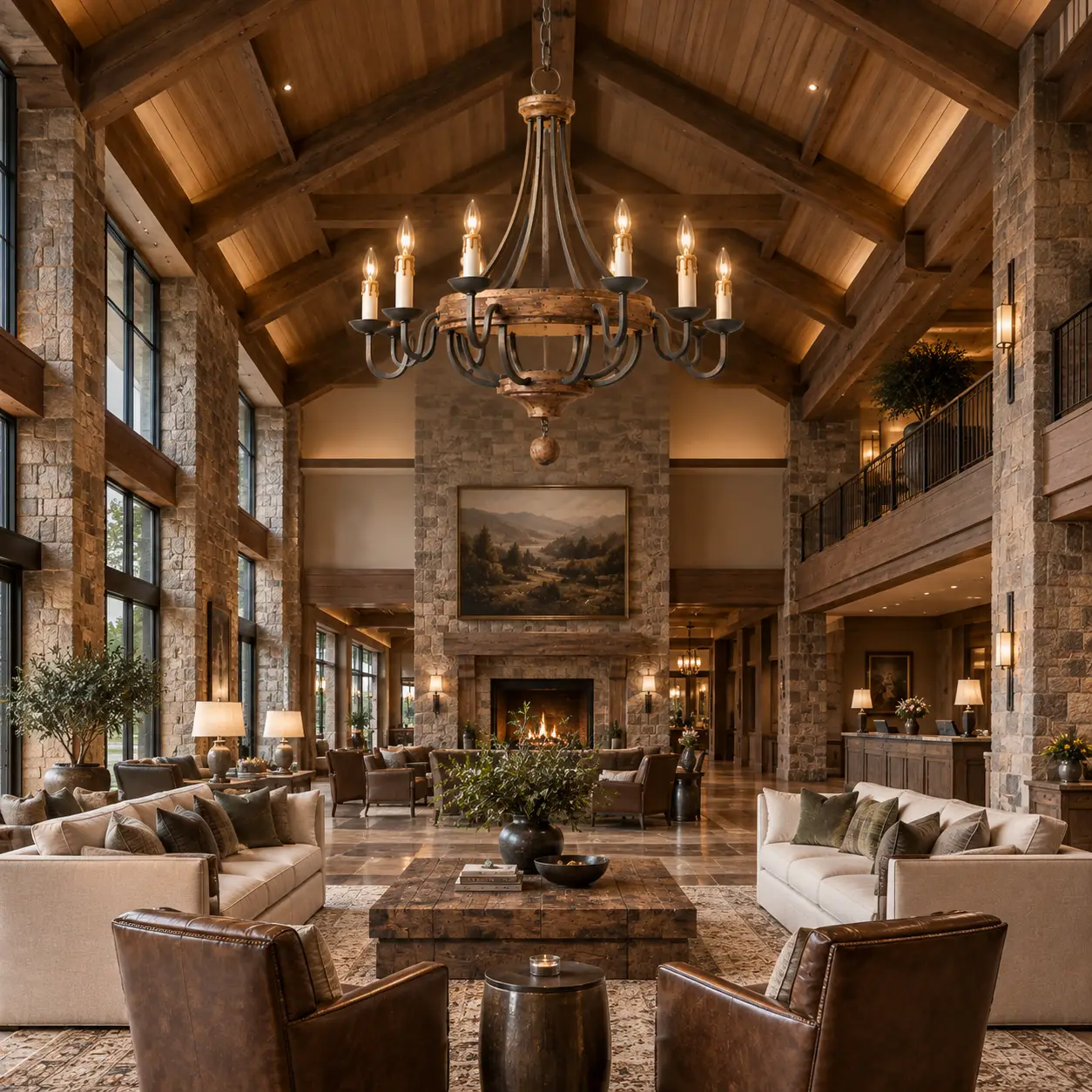 The Grand Estate Chandelier Rendered in Boutique Hotel Lodge Lounge