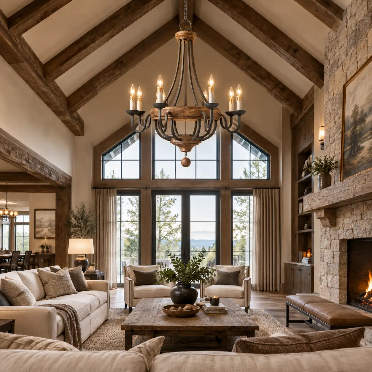 The Grand Estate 8-Light Chandelier Rendered in Modern Farmhouse Great Room