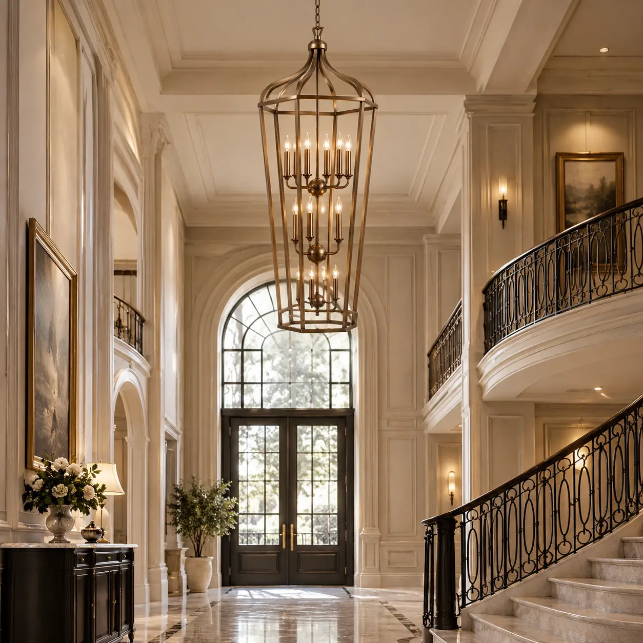 Grand Manor Lantern Chandelier in Double-Height Neoclassical Foyer