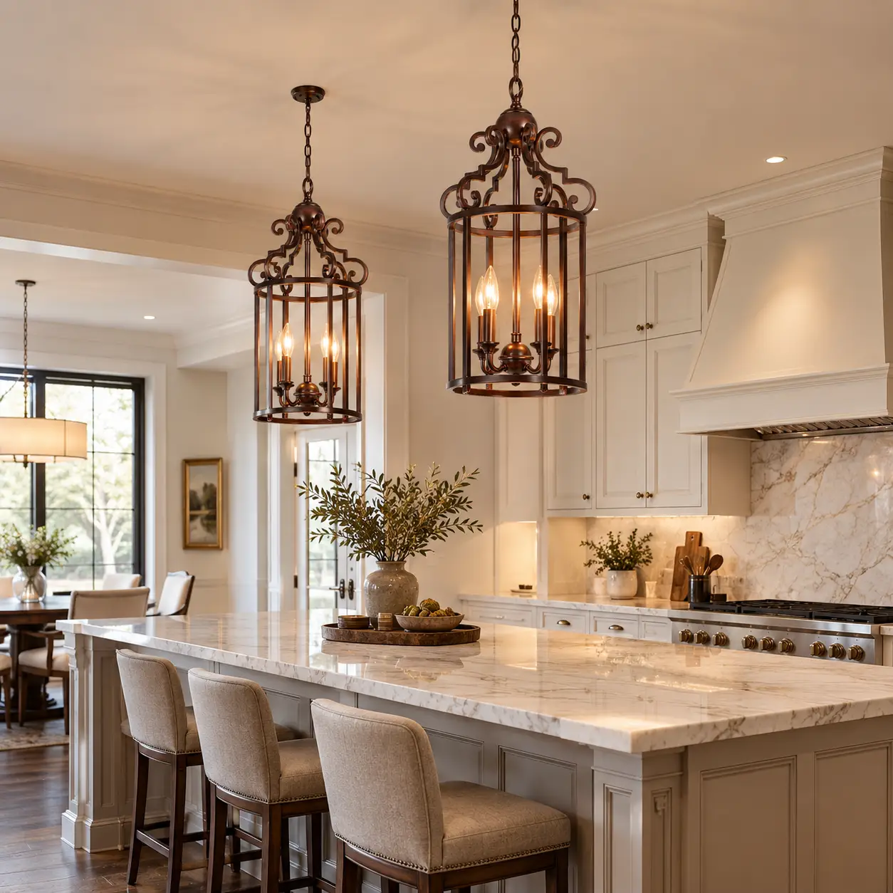 Hand-Rubbed Bronze Lantern Pendant Pair Hung Over Kitchen Island