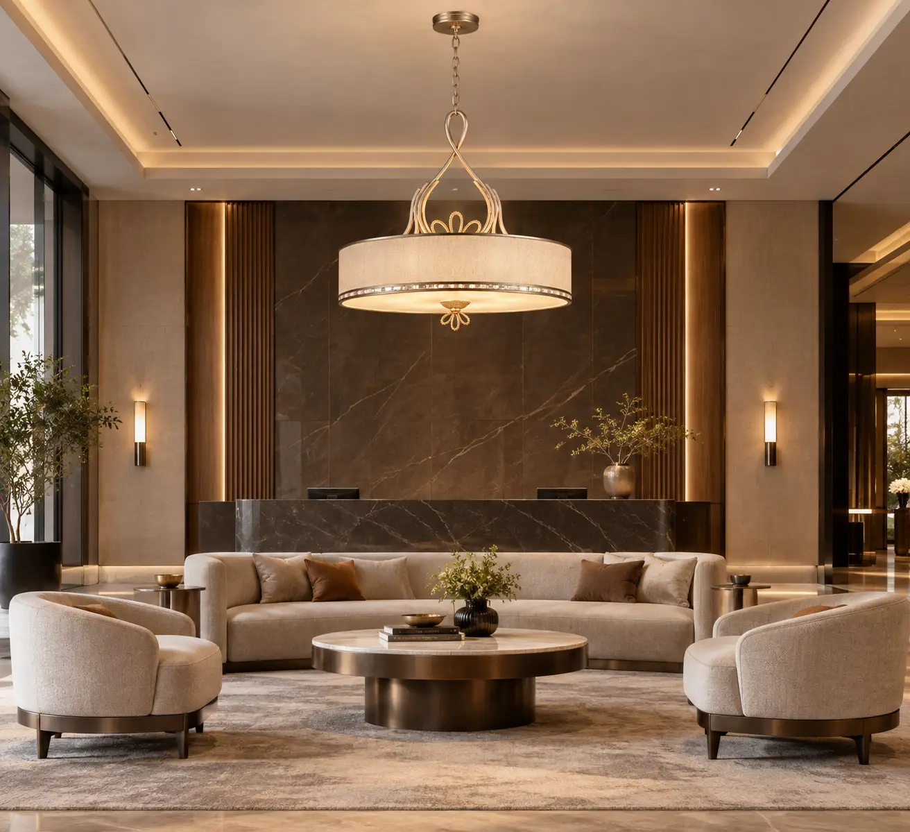 Wide Drum Pendant Light in High-End Modern Luxury Living Suite