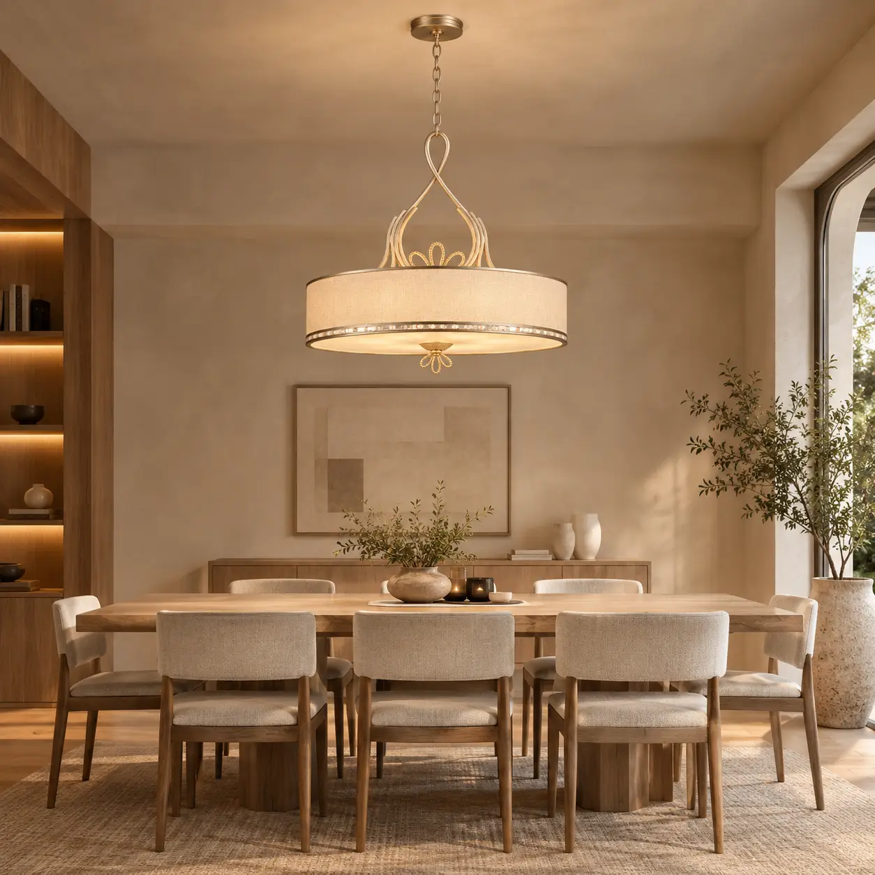 The Harmonious Embrace Wide Drum Pendant in Organic Modern Japandi Living Dining Space