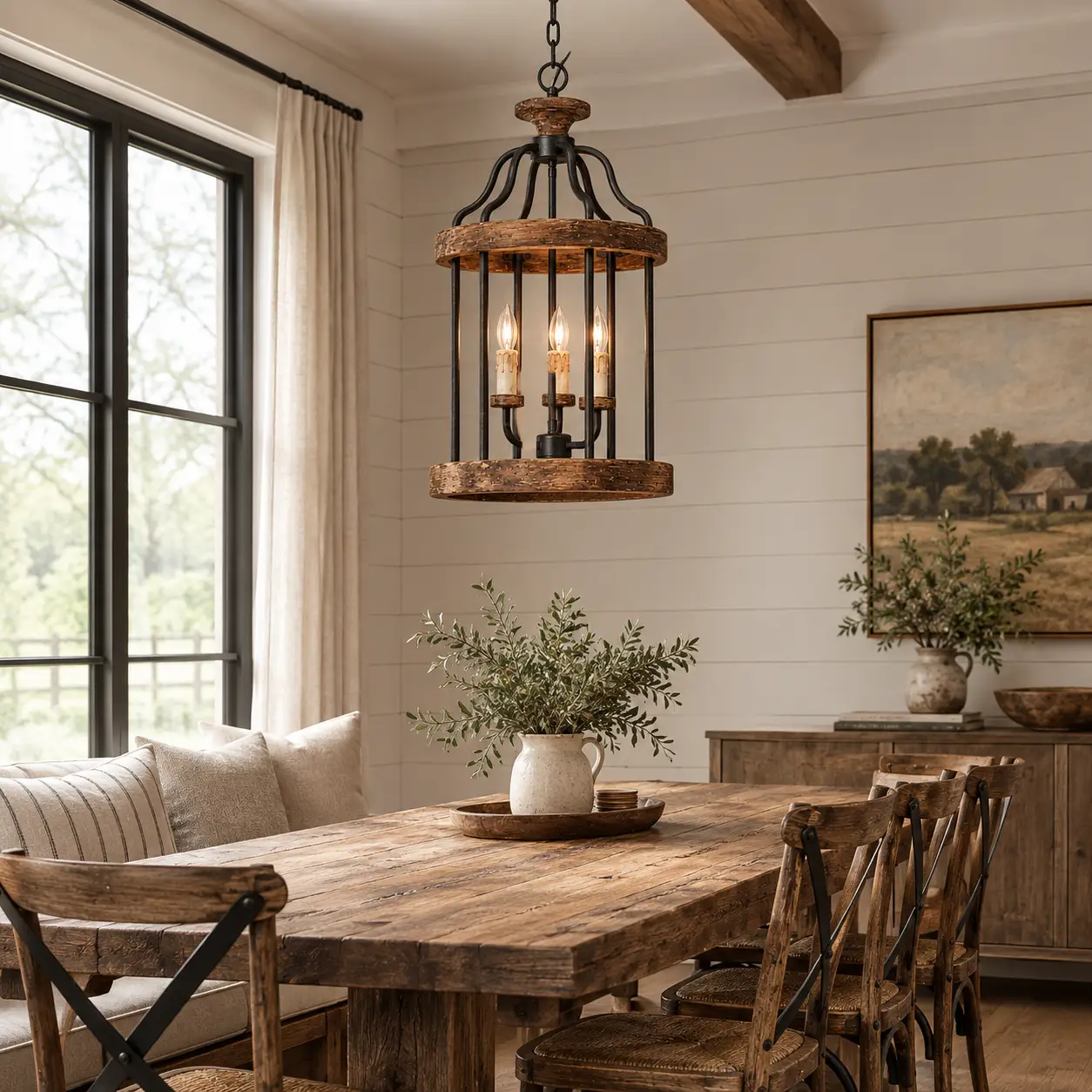 The Heritage Forge 3-Light Pendant Hanging Above a Reclaimed Wood Dining Table in a Modern Farmhouse