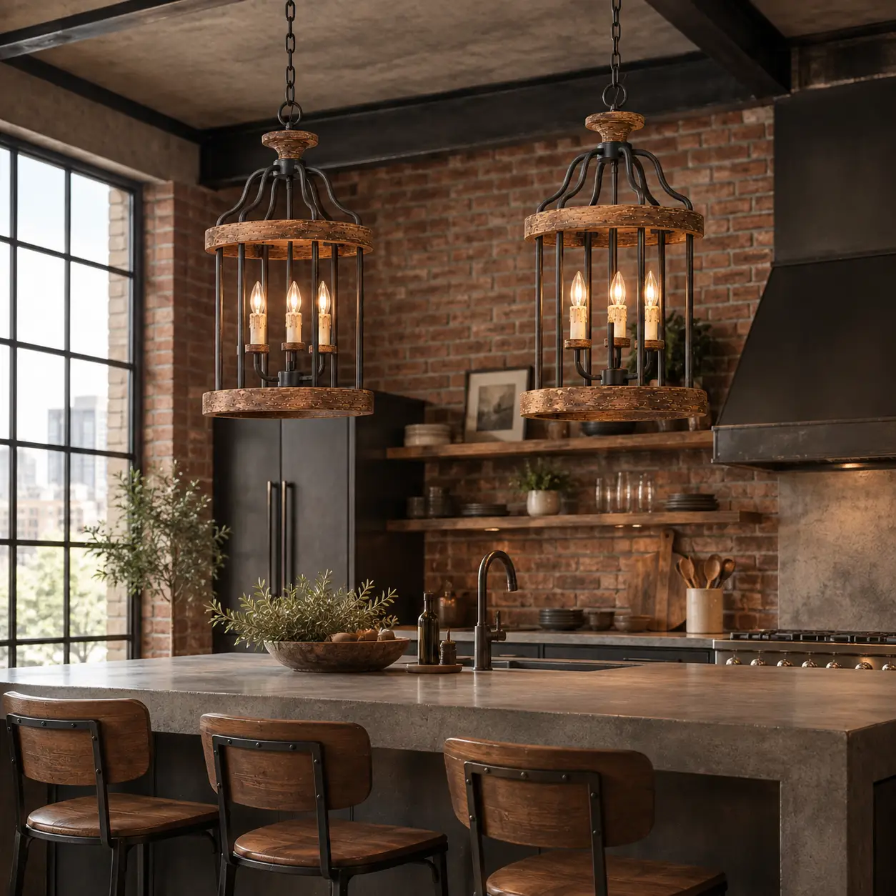 Pair of Heritage Forge Pendants Suspended Over a Concrete Kitchen Island in an Industrial Loft