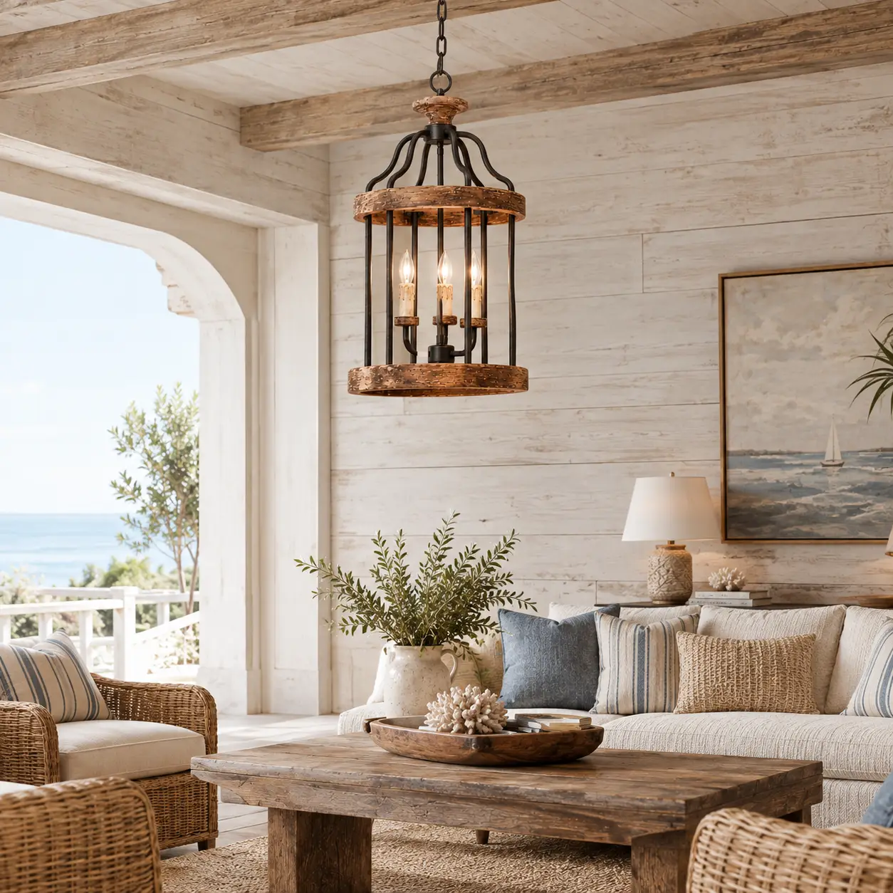 Heritage Forge Pendant in a Coastal Rustic Lounge with White-Washed Wood Accent Walls