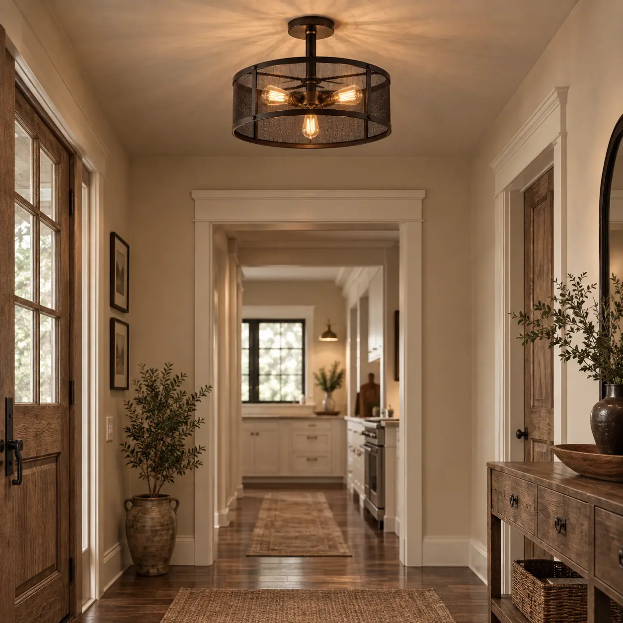 Heritage-Loft-Industrial-Mesh-3-Light-Semi-Flush-Pendant-transitional-farmhouse-foyer-kitchen-corridor