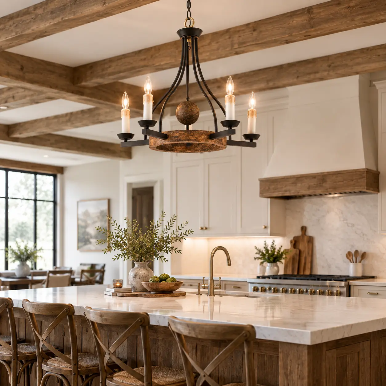 Homestead Hearth 5-Light Rustic Ring Chandelier over Wooden Kitchen Island Render