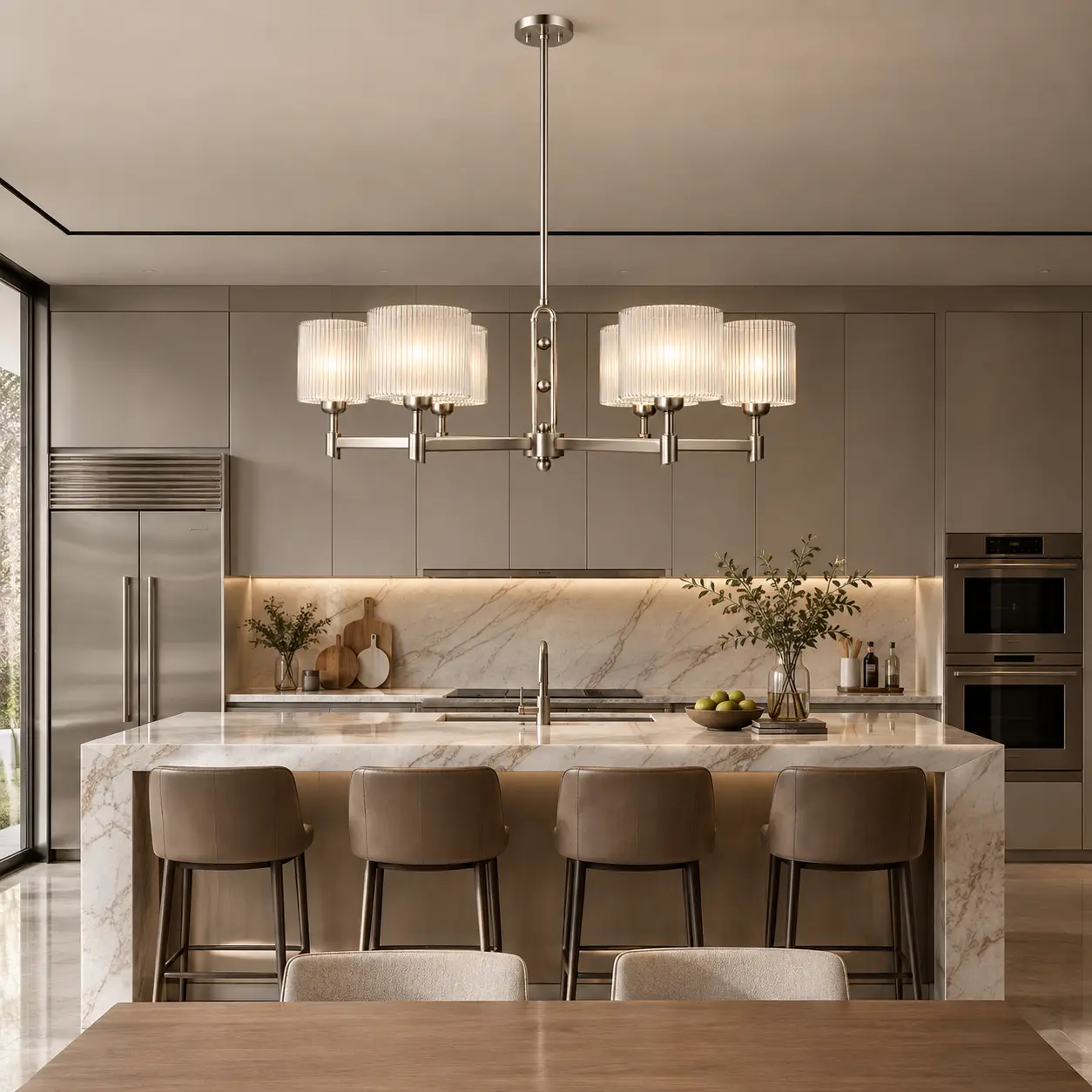 Horizon Glow Satin Nickel Chandelier over Modern Kitchen Island
