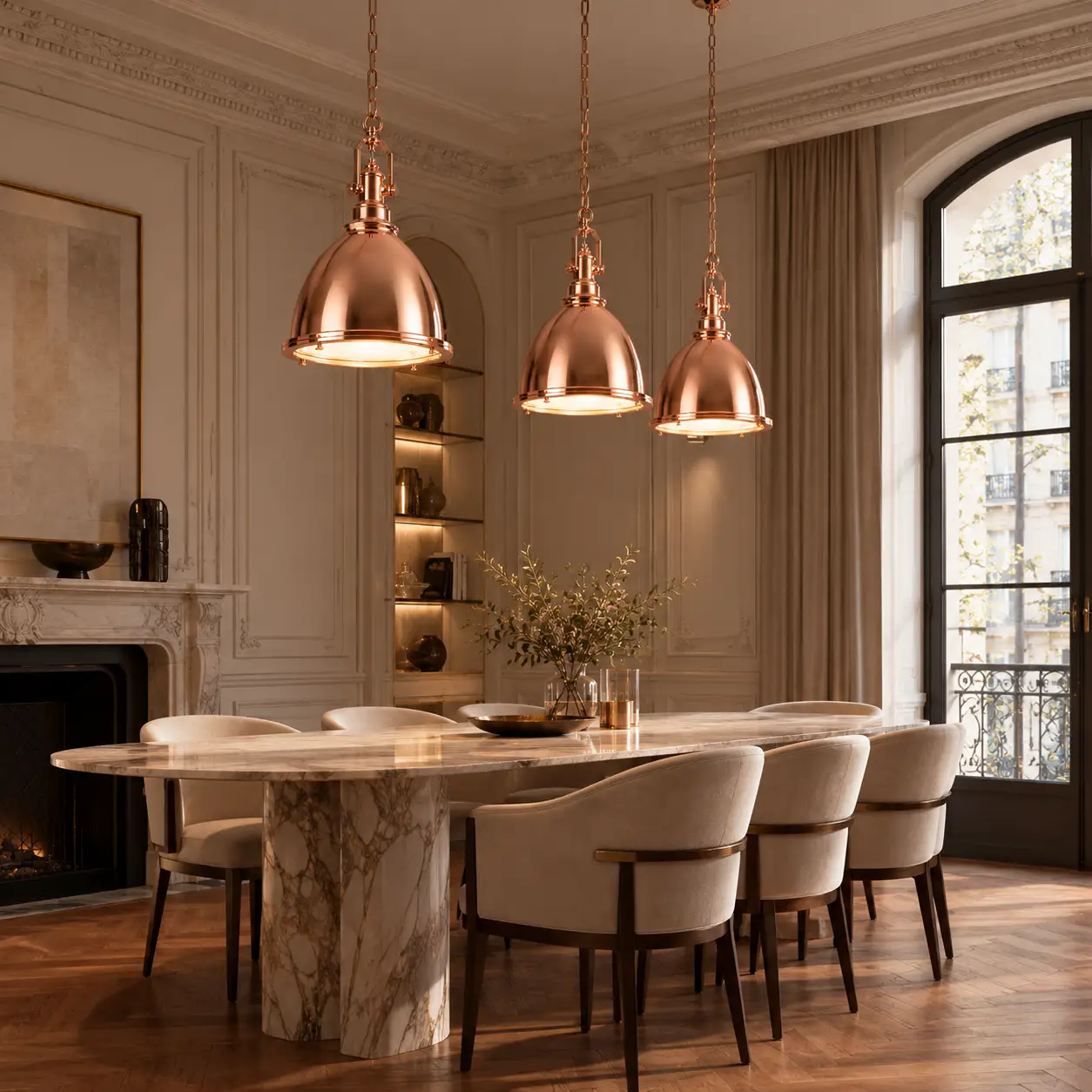 Copper Dome Pendant in French Luxe Dining Area