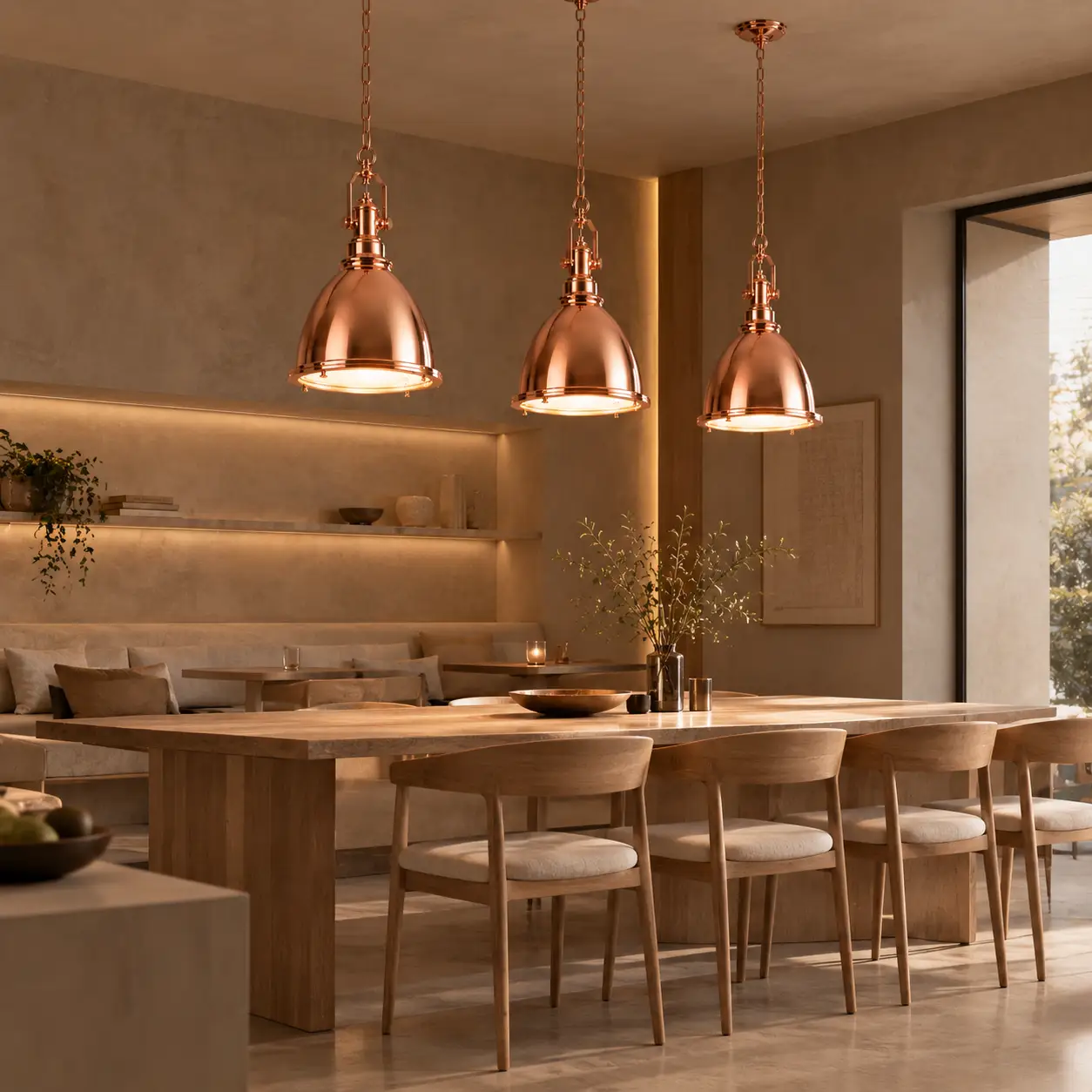 Polished Copper Dome Pendant in Warm Minimalist Space