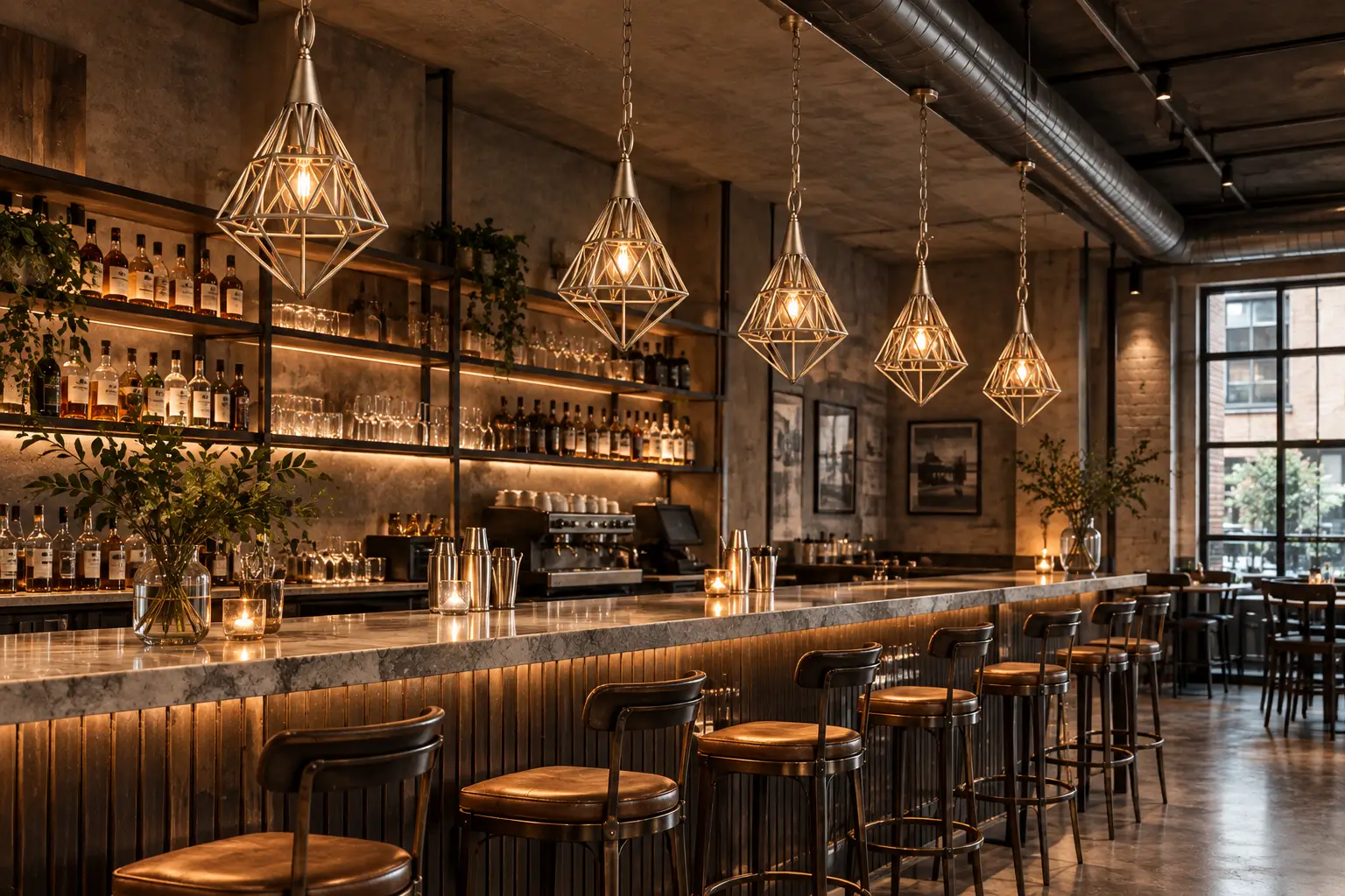 Row of Industrial Prism Mini Pendants Above Commercial Bar Counter in Industrial Retro Cafe