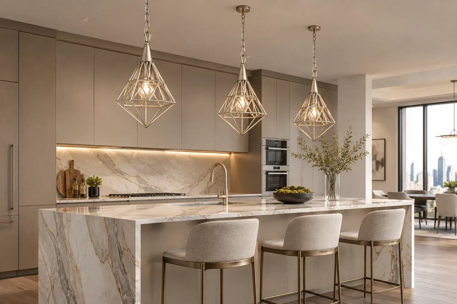 Trio of Industrial Prism Geometric Mini Pendants Suspended Above Marble Kitchen Island in Modern Luxury Interior