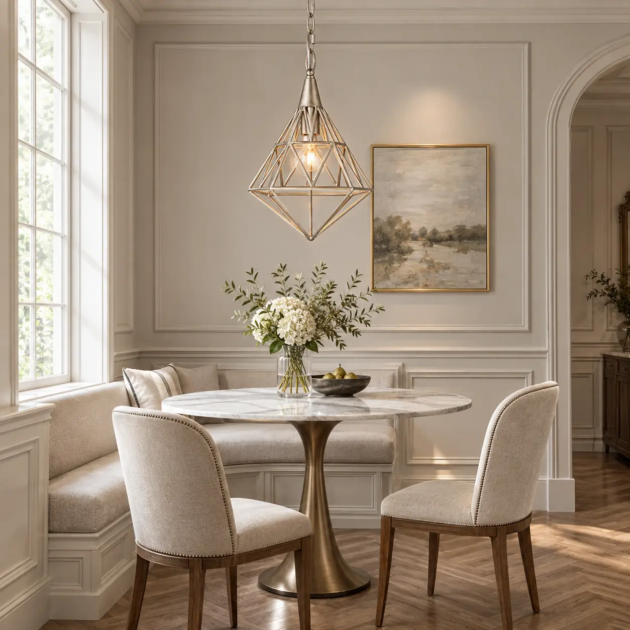 Industrial Prism Geometric Pendant Hanging Over Small Dining Table in French Minimalist Interior