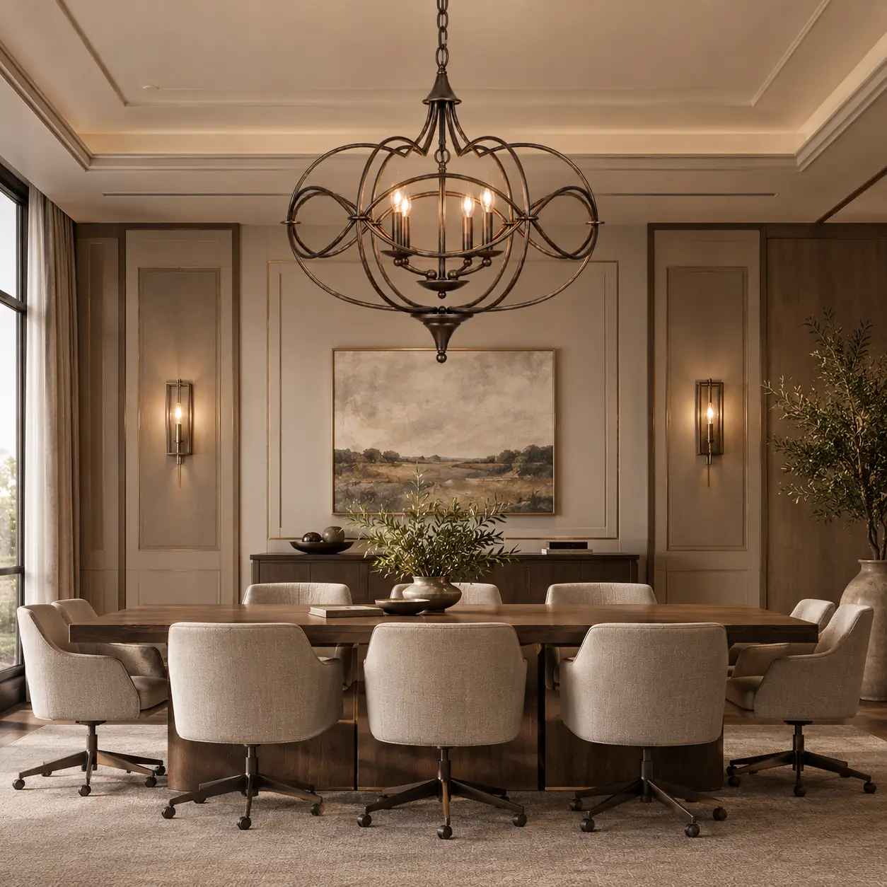 The Infinity Scroll Chandelier Over Executive Conference Table in Boutique Office Interior