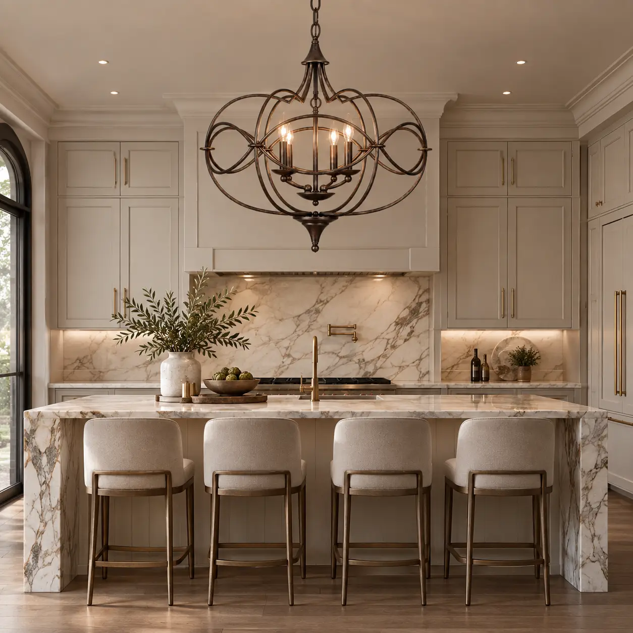 The Infinity Scroll Oval Chandelier Hanging Above a Marble Kitchen Island in Modern Luxury Setting