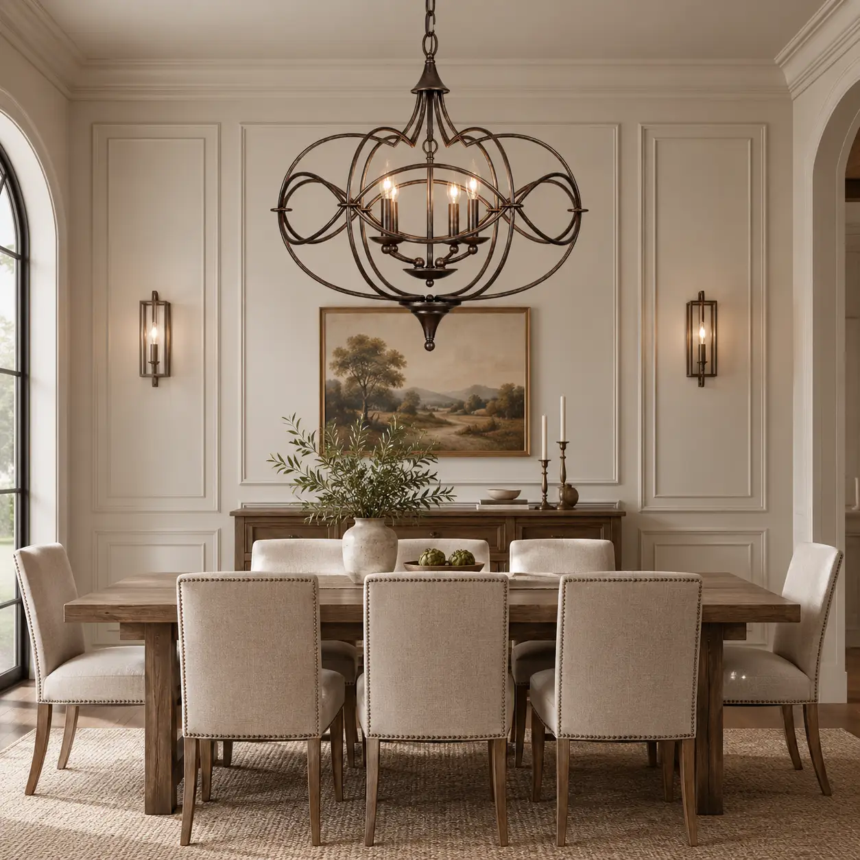 The Infinity Scroll Oval Chandelier Suspended Above a Long Wooden Dining Table in Transitional Interior