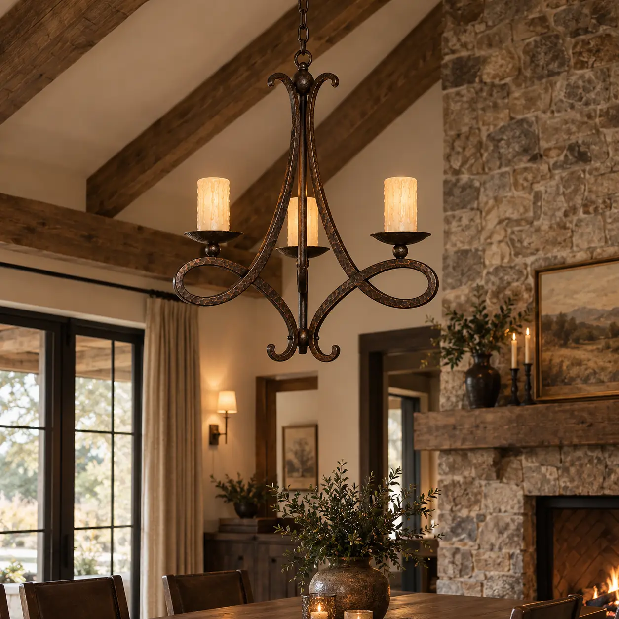 3D Rendering - Rustic Hearth Living Room with Forged Iron Candle Chandelier