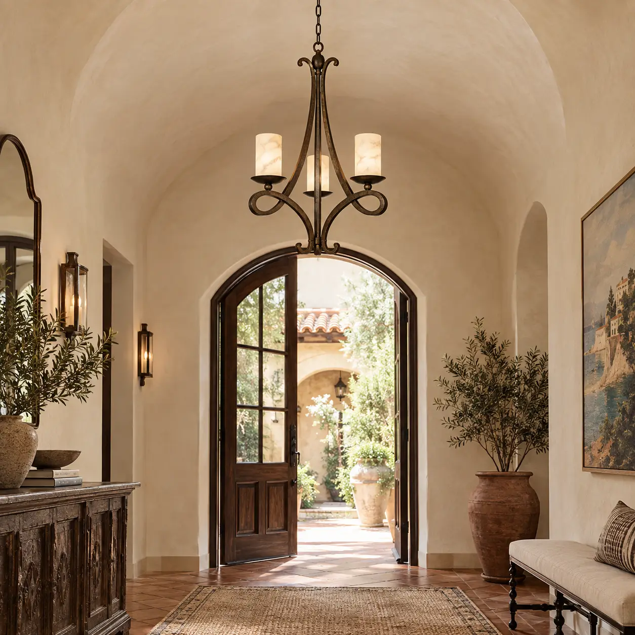 3D Rendering - Mediterranean Revival Interior with Forged Iron Chandelier